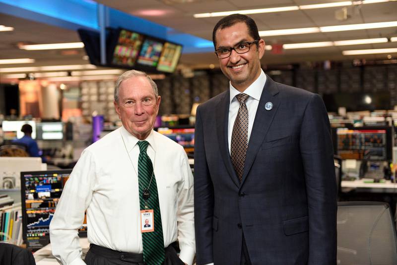Michael R. Bloomberg, Founder of Bloomberg L.P. and Bloomberg Philanthropies, and H.E Dr. Sultan Ahmed Al Jaber, UAE Minister of State and ADNOC Group CEO, met at Bloomberg L.P.'s headquarters in New York on September 28, 2018. Courtesy New Economy Forum