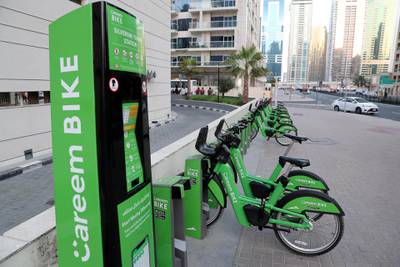 DUBAI, UNITED ARAB EMIRATES , October 12 – 2020 :- View of the Careem bike station in Dubai Marina in Dubai. (Pawan Singh / The National) For Stock