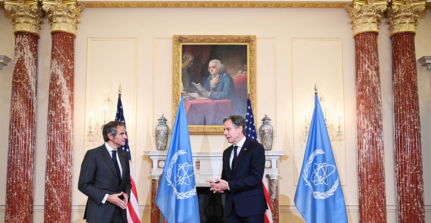 US Secretary of State Antony Blinken, right, speaks with IAEA Director General Rafael Mariano Grossi in Washington. Reuters