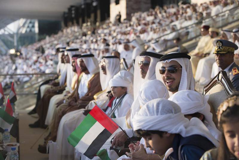 Sheikh Mansour bin Zayed Al Nahyan, Deputy Prime Minister and Minister of Presidential Affairs, right, and Lt General Sheikh Saif bin Zayed, Deputy Prime Minister and Minister of Interior, second right, attend National Day celebrations at Adnec. Ryan Carter / Crown Prince Court - Abu Dhabi