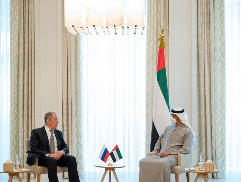 ABU DHABI, UNITED ARAB EMIRATES - March 09, 2021: HH Sheikh Mohamed bin Zayed Al Nahyan, Crown Prince of Abu Dhabi and Deputy Supreme Commander of the UAE Armed Forces (R), meets with HE Sergei Lavrov Viktorovich, Minister of Foreign Affairs of the Russian Federation (L), at Al Shati Palace.

( Mohamed Al Hammadi / Ministry of Presidential Affairs )
---