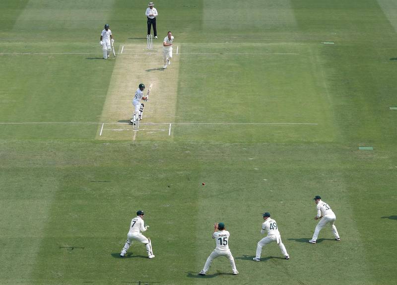Pakistan's Babar Azam is caught in the slips by Joe Burns of Australia off the bowling of Josh Hazlewood. Getty