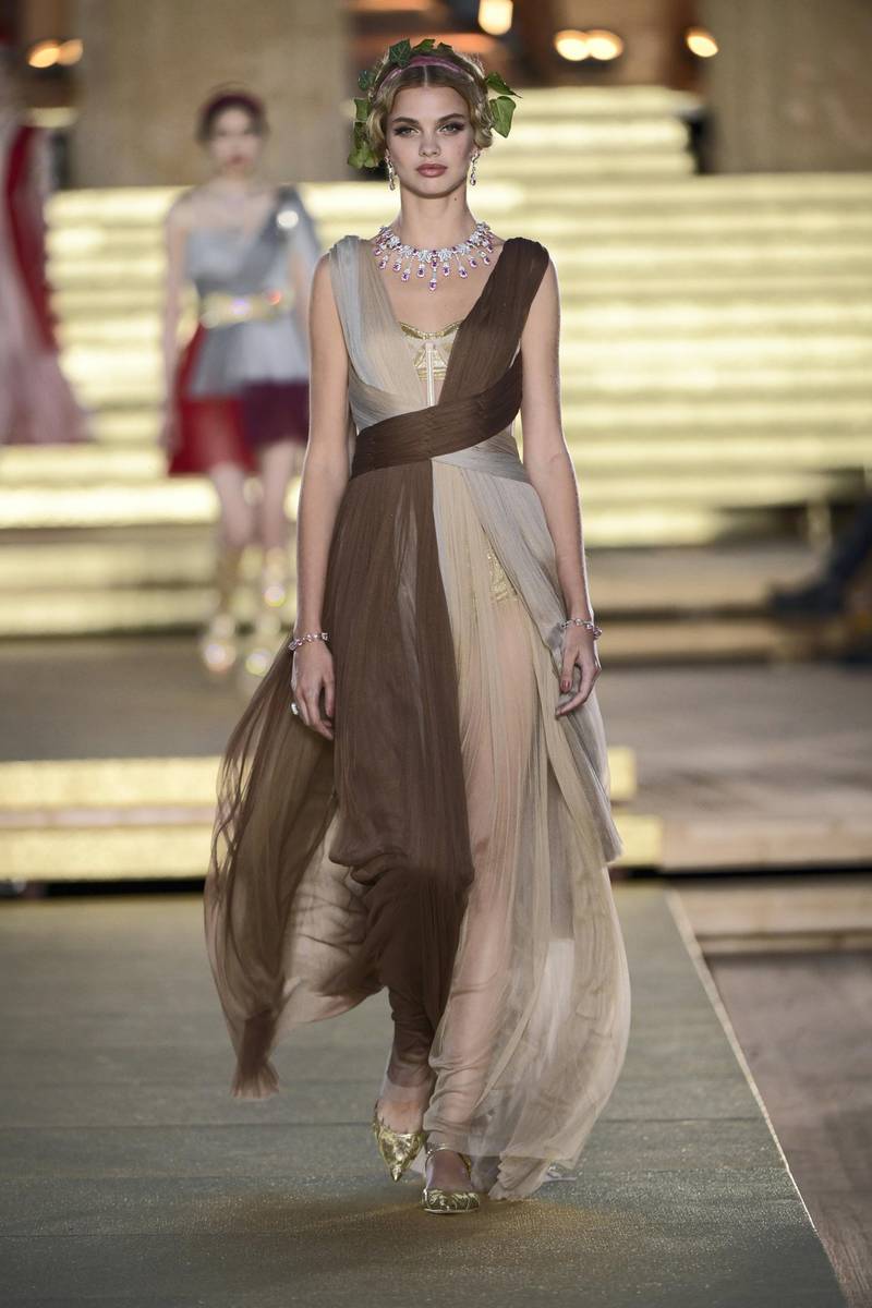 Long, flowing silhouettes referenced the tunics worn by Greek goddesses. Courtesy Dolce & Gabbana
