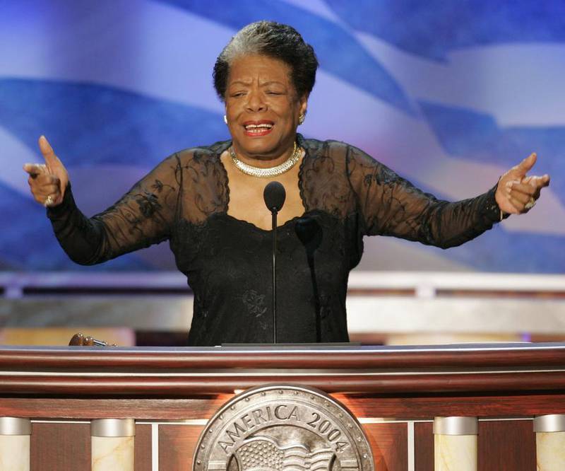Poet and activist Maya Angelou speaks before delegates during the second night of the 2004 Democratic National Convention at the FleetCenter in Boston, Massachusetts on July 27, 2004. Gary Hershorn / Reuters