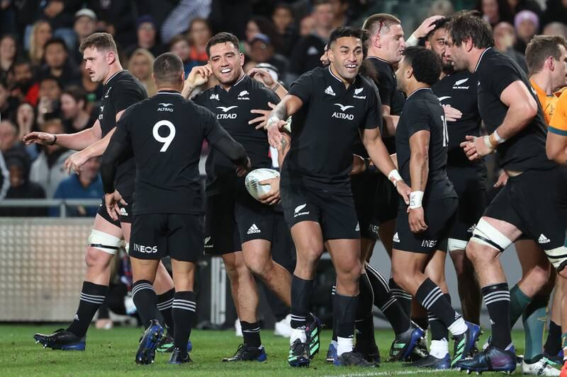 The All Blacks celebrate during their Rugby Championship victory against Australia at Eden Park on September 24, 2022 in Auckland, New Zealand. Getty