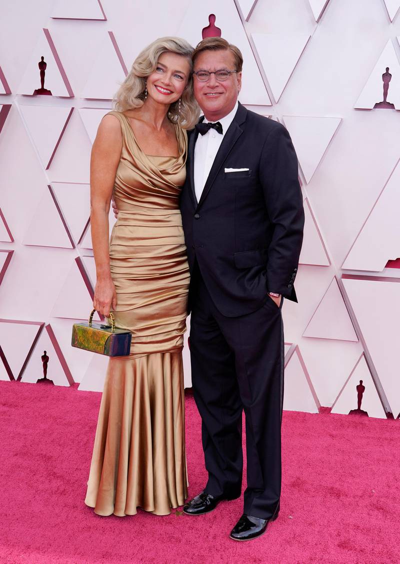 Paulina Porizkova and Aaron Sorkin arrive at the 93rd Academy Awards at Union Station in Los Angeles, California, on April 25, 2021. Reuters
