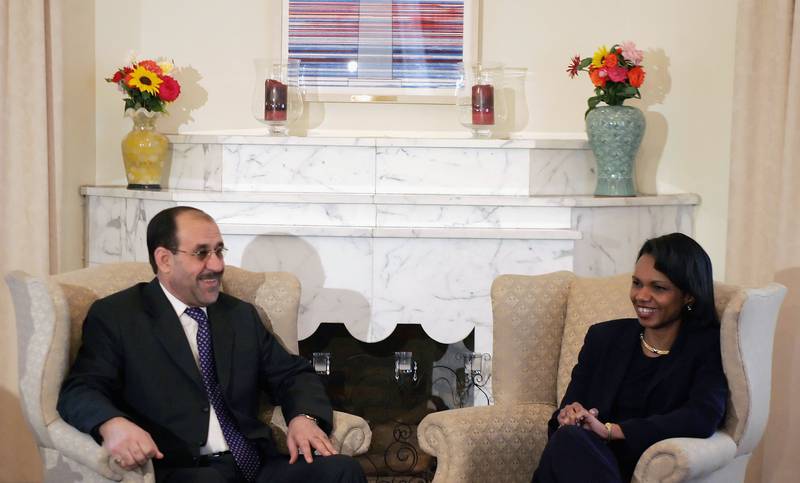 Nouri Al Maliki, Iraqi prime minister designate, meets US secretary of state Condoleezza Rice at the US ambassador’s house in Baghdad on April 25, 2006.