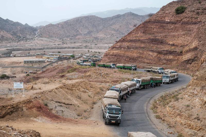 A World Food Programme convoy on the way to Tigray passes the village of Erebti, Ethiopia. AFP