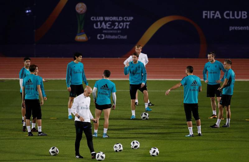 Real Madrid's Sergio Ramos and teammates during training at NYU Abu Dhabi campus on Saadiyat Island, Abu Dhabi. Matthew Childs / Reuters