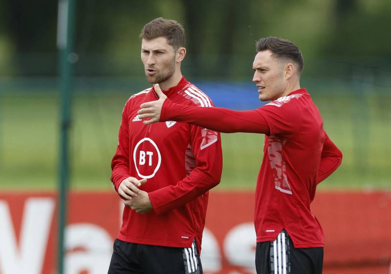 Ben Davies and Connor Roberts during Wales' training. Reuters