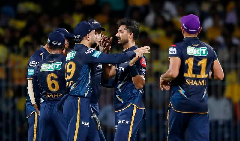 Mohit Sharma of Gujarat Titans celebrates with teammates after taking the wicket of Ruturaj Gaikwad. Getty 