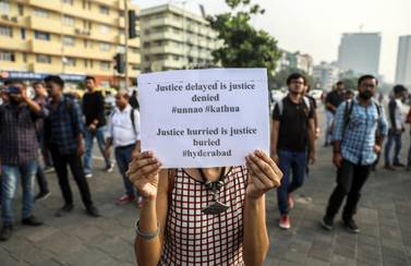 Protesters during a demonstration against rising sexual violence towards women and to demand justice for victims and survivors of rape cases. What has been disturbing over the past week throughout India are the scenes of jubilation at the deaths of the four suspects in a rape case. EPA