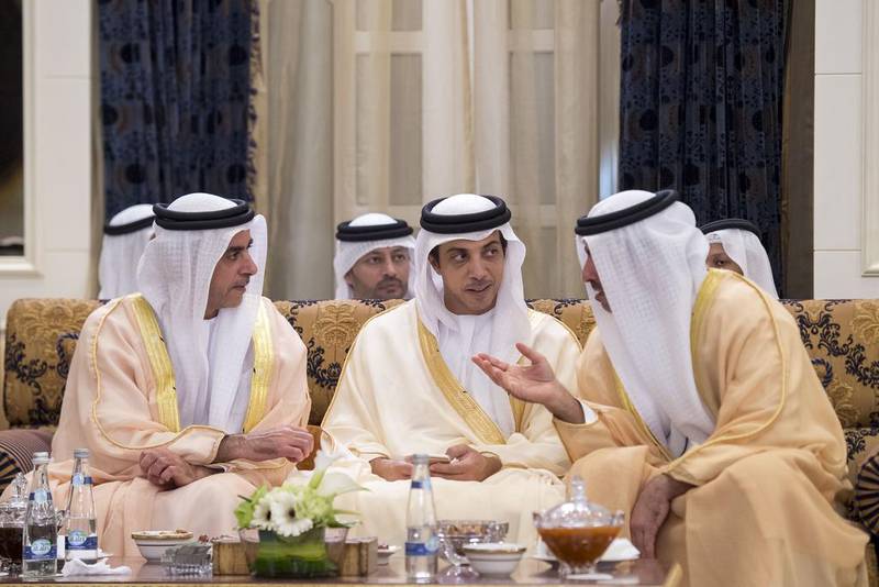 From left: Sheikh Saif bin Zayed, Deputy Prime Minister and Minister of Interior, Sheikh Mansour bin Zayed, Deputy Prime Minister and Minister of Presidential Affairs, and Sheikh Hamed bin Zayed Al Nahyan, Chairman of the Crown Prince Court of Abu Dhabi and Abu Dhabi Executive Council Member, attend an Eid Al Fitr reception. Rashed Al Mansoori / Crown Prince Court - Abu Dhabi