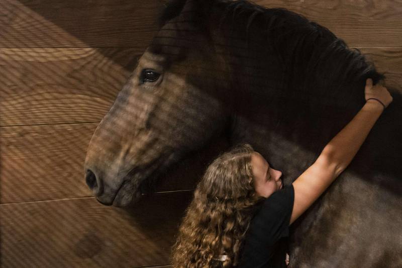 Katherine Nunn, 14, hugs a horse owned by her family in Vancouver, Washington.  AFP