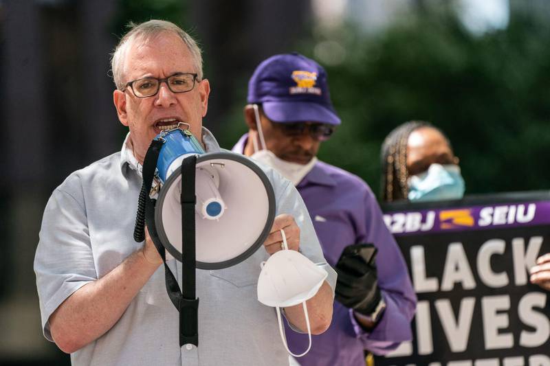 New York State Comptroller Scott Stringer speaks to support of Black Lives Matter and to mark the 30th anniversary of the Justice for Janitors movement near Rockefeller Center in New York City. Getty Images