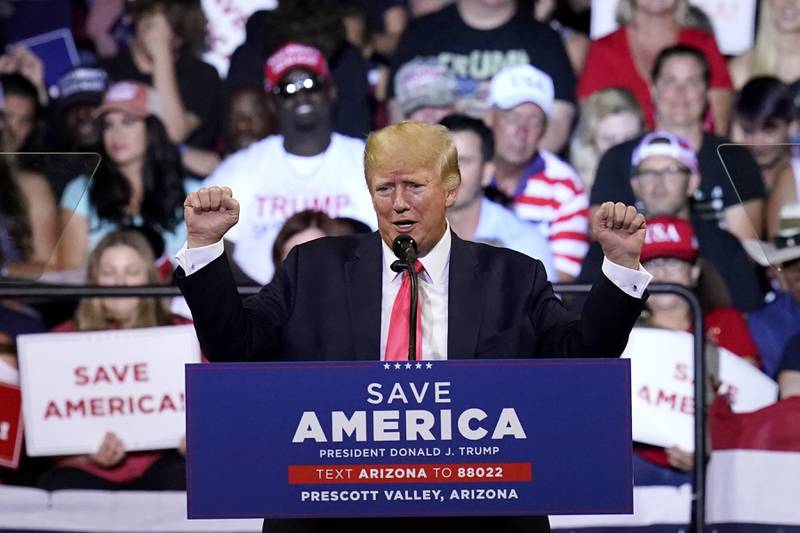Mr Trump speaks at a Save America rally in Prescott, Arizona. AP