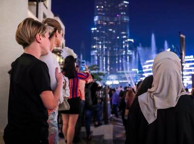 Dubai, U.A.E. .   December 31, 2018.   New Years' Eve celebrations before the fireworks at The Burj Khalifa and Downtown Dubai area.Victor Besa / The NationalSection:  NAReporter: