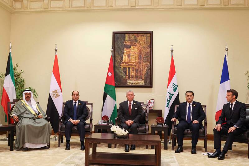 King Adbullah with Kuwaiti Prime Minister Sheikh Ahmed Nawaf Al Sabah, Mr El Sisi, Mr Shia Al Sudani and Mr Macron on the sidelines of the summit. AFP