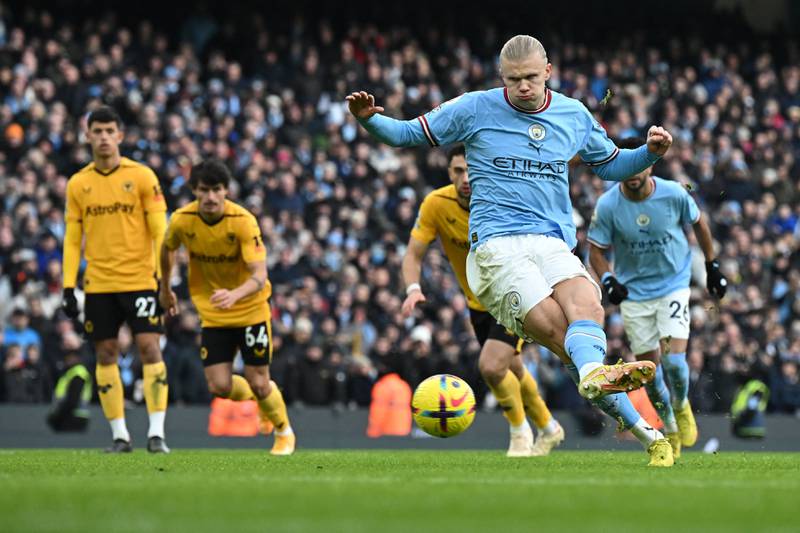 City striker Erling Haaland scores his second goal from the penalty spot. AFP