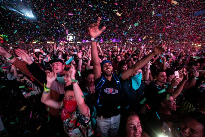 Confetti falls on the crowd as Australian band Tame Impala performs on stage during the Coachella Valley Music and Arts Festival in Indio near Palm Spring, California, USA, late 20 April 2019. The two festivals had already been postponed in April 2020 during the early stages of the Covid-19 pandemic.  EPA