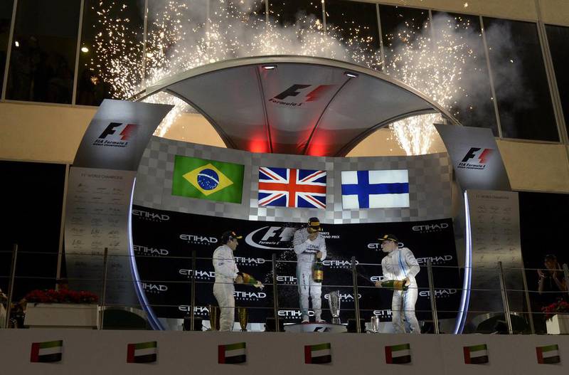 Hamilton won the race ahead of the Williams pair of Felipe Massa, in second and Valtteri Bottas. the trio celebrate on the podium. Tom Gandolfini / AFP Photo

