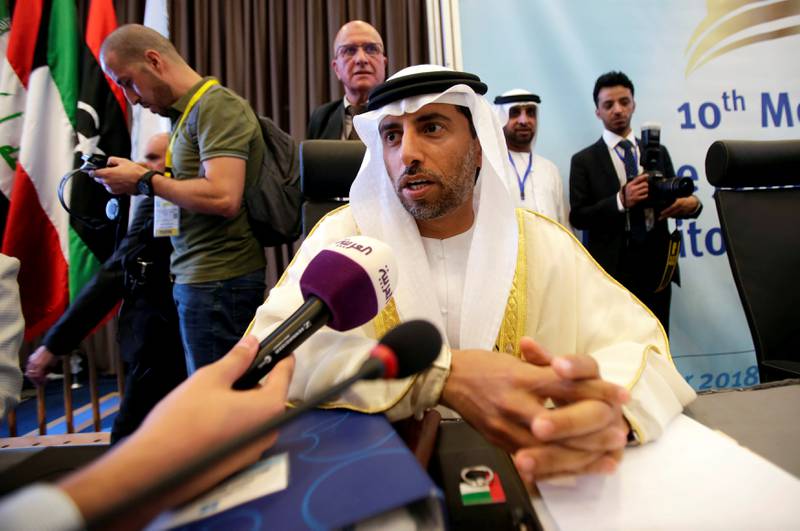 FILE PHOTO: UAE Energy Minister Suhail bin Mohammed al-Mazroui talks to the media at the OPEC Ministerial Monitoring Committee in Algiers, Algeria September 23, 2018. REUTERS/Ramzi Boudina/File Photo