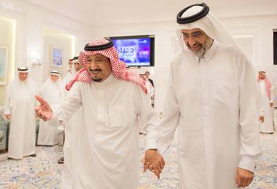 In this Aug. 17, 2017 image released by the state-run Saudi Press Agency, Saudi King Salman, left, meets Qatari Sheikh Abdullah Al Thani, right, at the monarch's vacation home in Tangiers, Morocco. A planned conference in London by a self-described Qatari political activist is the latest move by an exile from the energy-rich country to take advantage of the diplomatic crisis now gripping Doha. (Saudi Press Agency via AP)