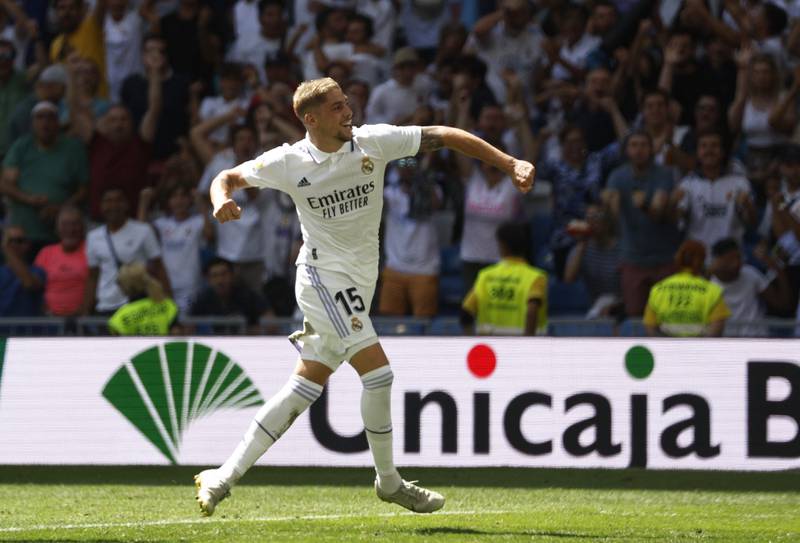 Real's Federico Valverde celebrates after scoring in their 4-1 La Liga win over Mallorca at the Santiago Bernabeu on Sunday, September 11, 2022. Reuters