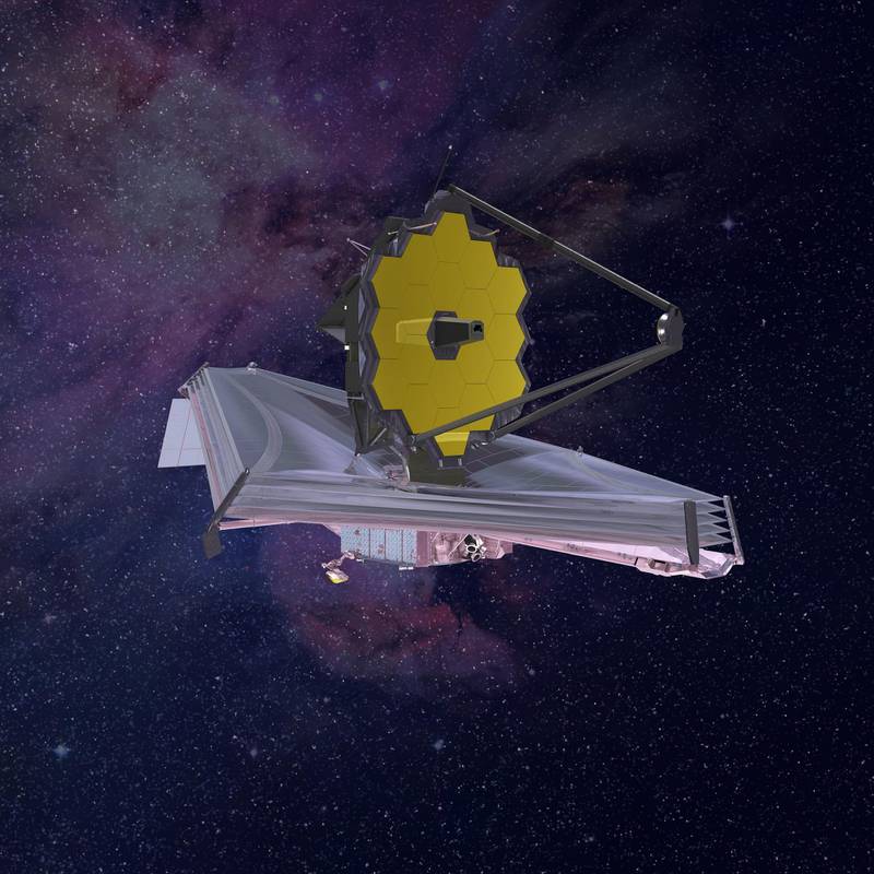 An artist's impression of the James Webb Space Telescope in space. It will detect stars and galaxies 13.5 billion light years away, capturing light sources in the early universe and studying formation of galaxies