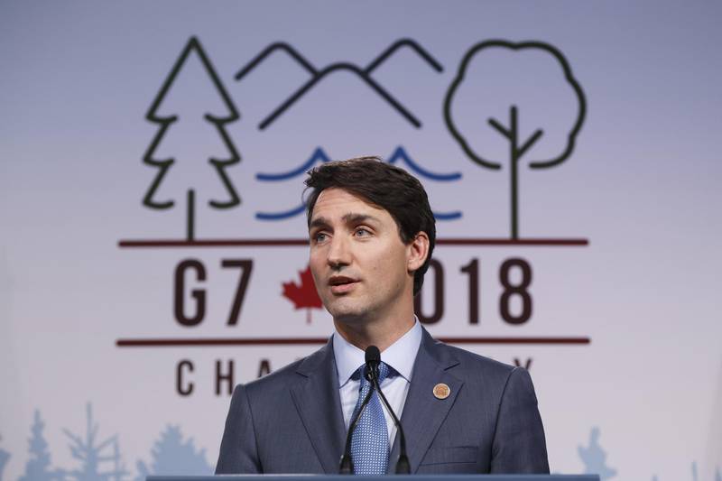 Justin Trudeau, Canada's prime minister, speaks during the closing press conference of the Group of Seven (G7) Leaders Summit in La Malbaie, Quebec, Canada, on Saturday, June 9, 2018. President Donald Trump told U.S. officials not to endorse the Group of Seven's final communique and accused Trudeau of making "false statements" at the summit's closing press conference. Photographer: Cole Burston/Bloomberg