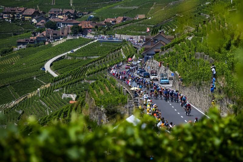 The peloton ride through the Unesco World Heritage Site of Lavaux with its terraced vineyards above Lake Geneva. EPA