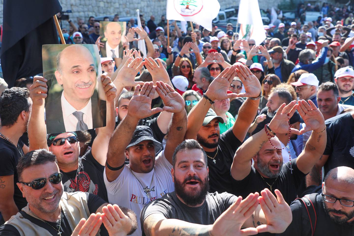 Supporters of Lebanese Forces leader Samir Geagea protest against his summoning in Maarab last October. Reuters