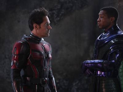 This image released by Disney shows Paul Rudd, left, and Jonathan Majors in a scene from "Ant-Man and the Wasp: Quantumania. " (Disney / Marvel Studios via AP)
