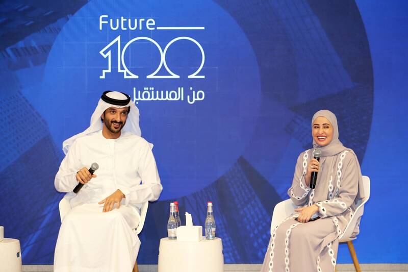 Abdulla bin Touq, Minister of Economy, and Ohoud Al Roumi, Minister of State for Governmental Development and Future, at the launch the Future 100 programme in Dubai. Pawan Singh / The National