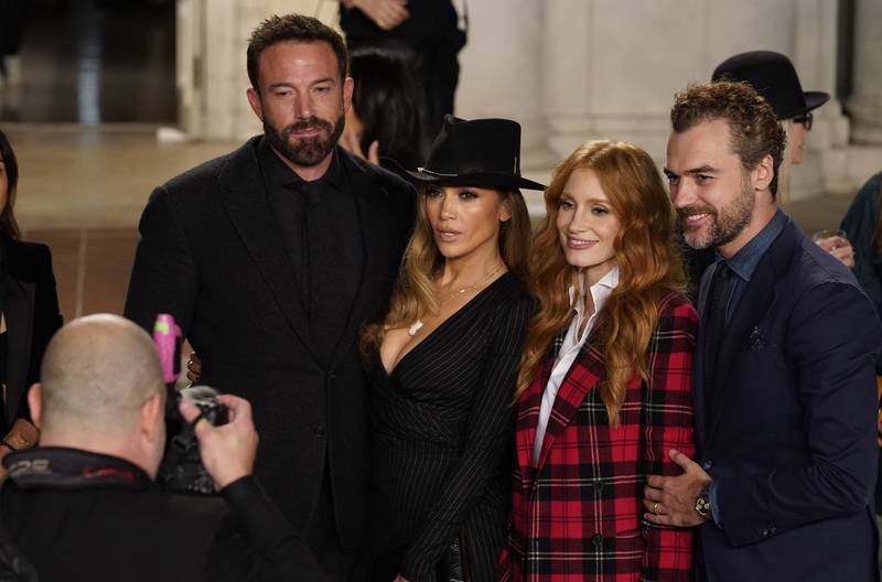 Ben Affleck, from left, Jennifer Lopez, Jessica Chastain and Gian Luca Passi de Preposulo attend the Ralph Lauren Spring 2023 Fashion Experience on Thursday, Oct.  13, 2022, at The Huntington in Pasadena, Calif.  (AP Photo / Chris Pizzello)