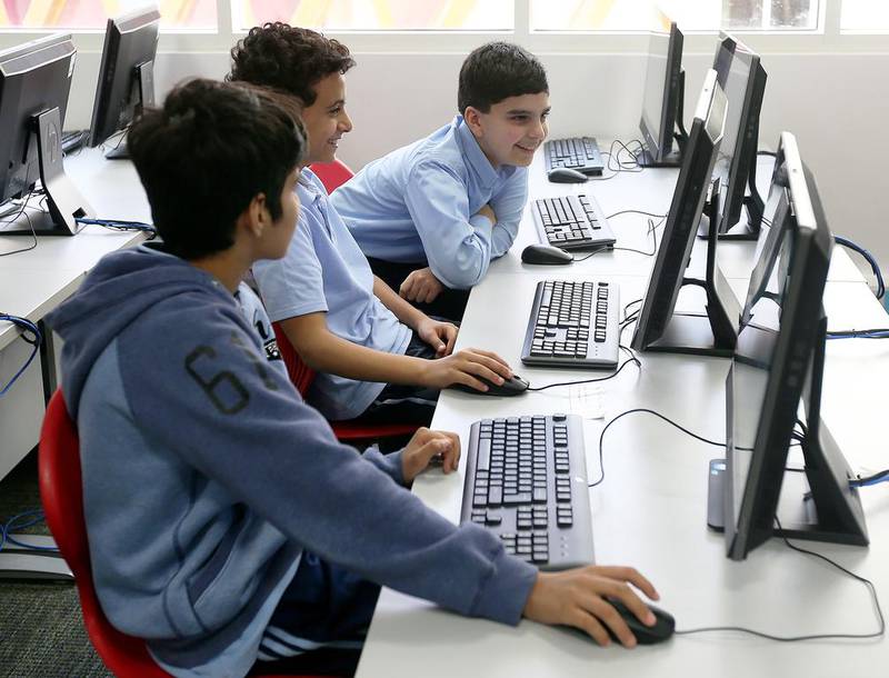 Pupils at Hamdan bin Zayed school got the Computer Science First programme off to a positive start. Satish Kumar / The National 
