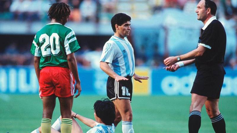 Referee Michel Vautrot of Sweden with Diego Maradona of Argentina during the FIFA World Cup Group B match between Argentina and Cameroon on June 8, 1990 in Milan. Bongarts / Getty Images