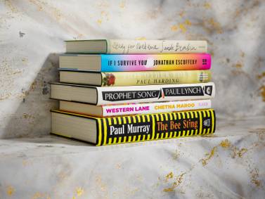 Spines of books that made the Booker Prize Shortlist 2023. Courtesy Booker Prize