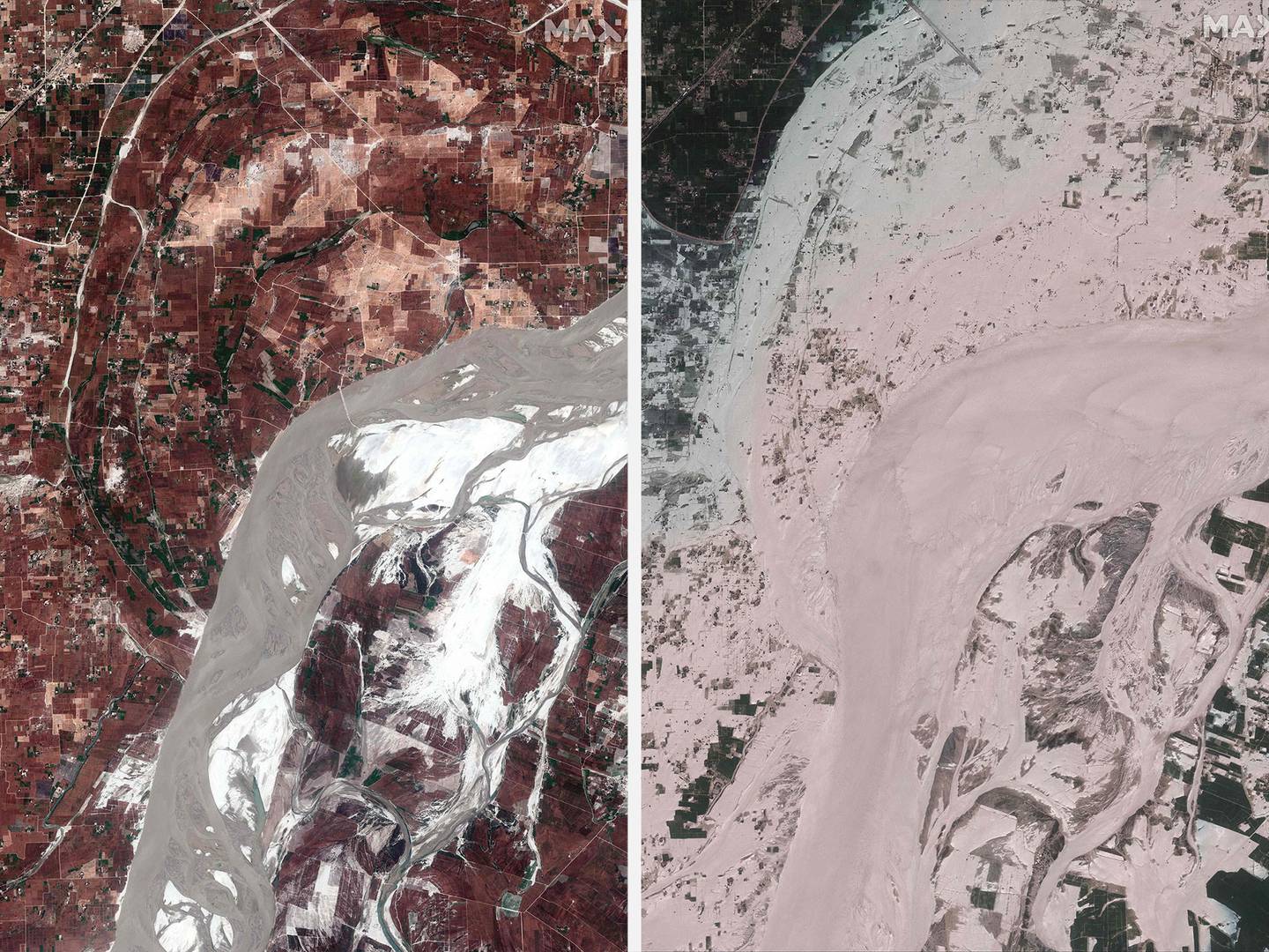 A composite of the Indus river, Pakistan, before and after the flooding. Reuters / Maxar