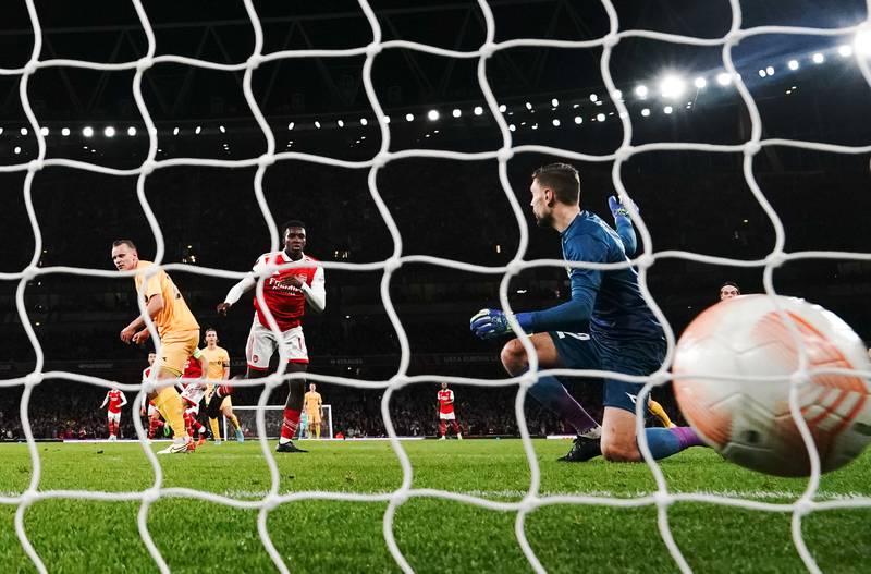Eddie Nketiah scores Arsenal's first goal. PA