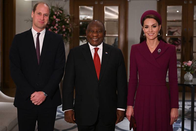 Cyril Ramaphosa is greeted by Prince William and his wife, Catherine, Princess of Wales, at the Corinthia Hotel in London. PA