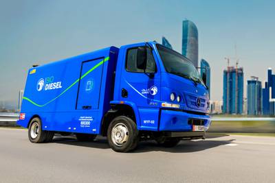 The company’s UAE heavy vehicle fleet, supplying fuel and LPG to corporate customers, will be powered by B20 biofuel. Photo: Adnoc Distribution