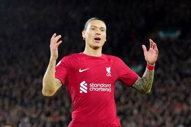 Liverpool's Darwin Nunez reacts after missing an opportunity to score during the English Premier League soccer match between Liverpool and West Ham United at Anfield stadium in Liverpool, England, Wednesday, Oct.  19, 2022.  (AP Photo / Jon Super)