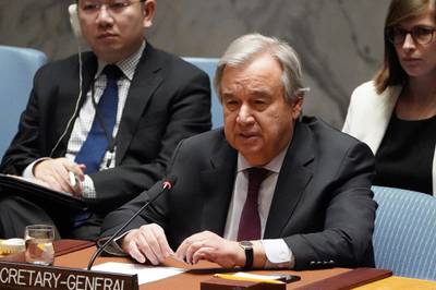 Secretary General of the United Nations Antonio Guterres speaks during a Security Council meeting about the situation in Syria at U.N. Headquarters in the Manhattan borough of New York City, New York, U.S. REUTERS
