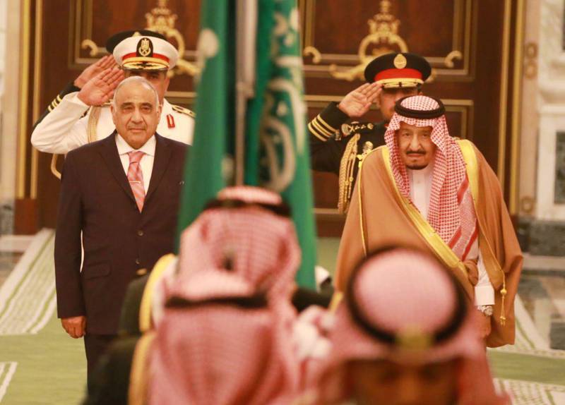 Saudi Arabia's King Salman bin Abdulaziz meets with Iraq's Prime Minister Adel Abdul Mahdi during an official reception ceremony in Riyadh, Saudi Arabia April 17, 2019. Iraqi Prime Minister Media Office/Handout via REUTERS   ATTENTION EDITORS - THIS IMAGE WAS PROVIDED BY A THIRD PARTY. NO RESALES. NO ARCHIVES.