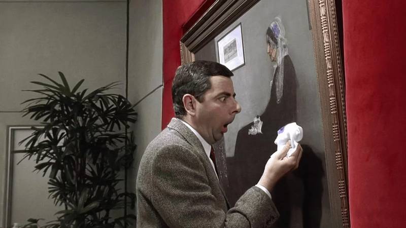 Mr Bean, played by Rowan Atkinson, accidentally damages James Abbot McNeill Whistler's masterpiece in Bean: The Movie. Photo: Working Title