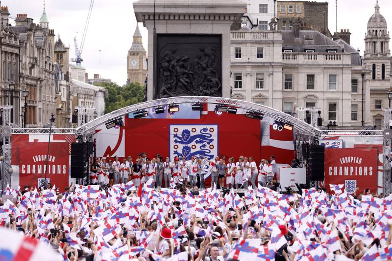 The England players on stage in Trafalgar Square, London, celebrating their Euro 2022 triumph with the public on Monday. PA