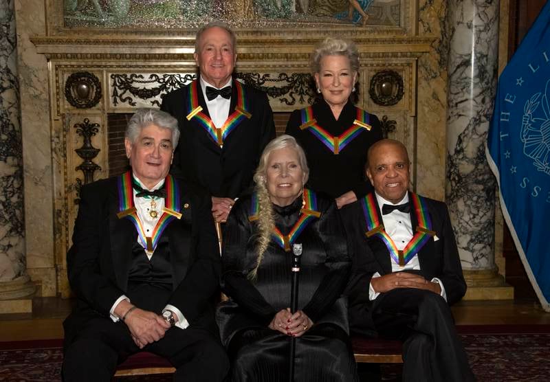 The recipients of the 44th Annual Kennedy Centre Honours pose for a group photo following the Medallion Ceremony at the Library of Congress in Washington. 'Saturday Night Live creator Lorne Michaels, and legendary stage and screen icon Bette Midler.  (Front Row L-R) operatic bass-baritone Justino Diaz, singer-songwriter Joni Mitchell and Motown founder, songwriter, producer, and director Berry Gordy.   EPA