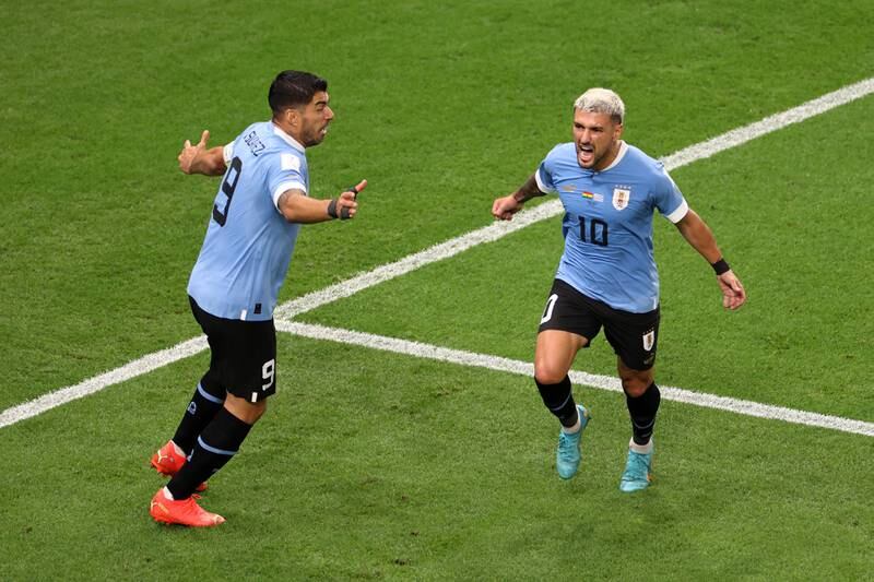 Giorgian de Arrascaeta celebrates scoring for Uruguay. Getty