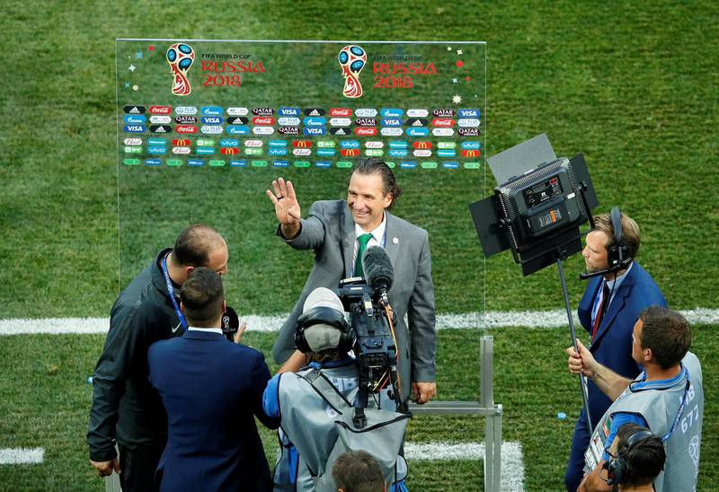 Saudi Arabia coach Juan Antonio Pizzi talks with the media after the match. Jason Cairnduff / Reuters